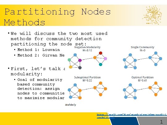 Partitioning Nodes Methods • We will discuss the two most used methods for community
