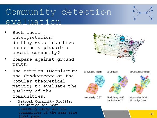 Community detection evaluation • Seek their interpretation: do they make intuitive sense as a