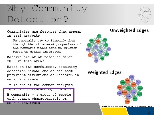 Why Community Detection? Communities are features that appear in real networks Unweighted Edges We