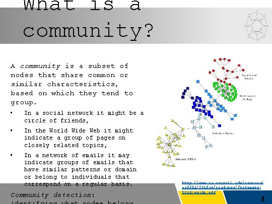 What is a community? A community is a subset of nodes that share common