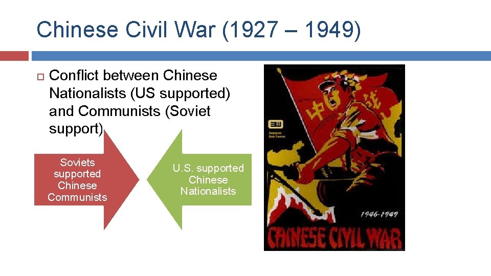 Chinese Civil War (1927 – 1949) Conflict between Chinese Nationalists (US supported) and Communists