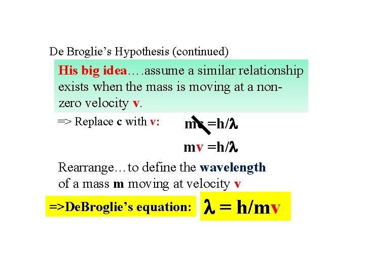 De Broglie’s Hypothesis (continued) His big idea…. assume a similar relationship exists when the