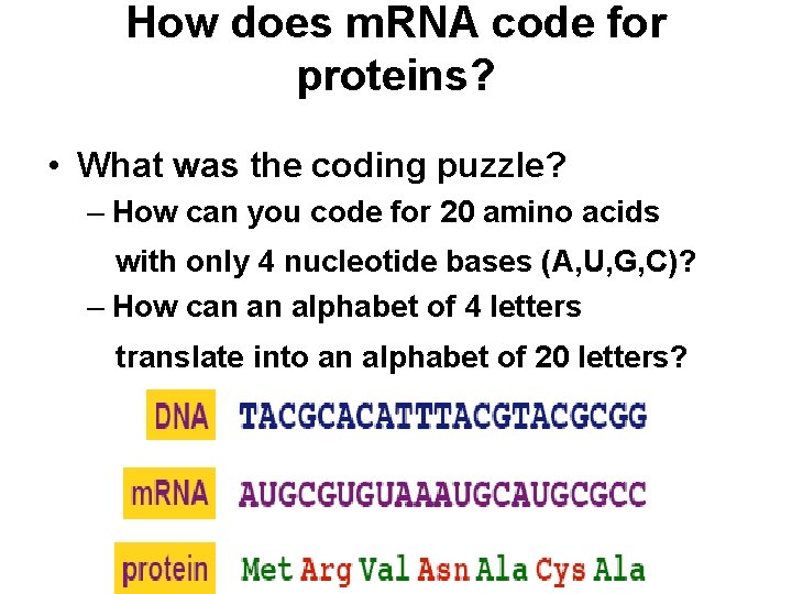 How does m. RNA code for proteins? • What was the coding puzzle? –
