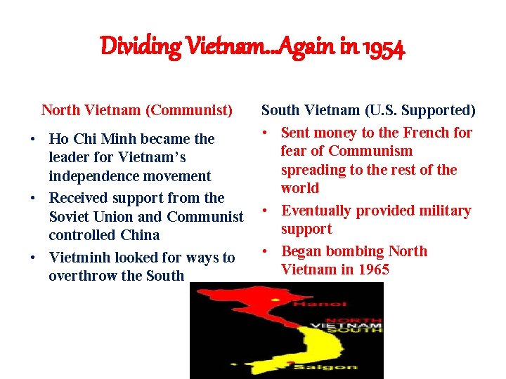 Dividing Vietnam…Again in 1954 North Vietnam (Communist) • Ho Chi Minh became the leader