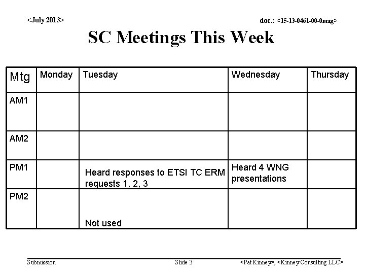 <July 2013> doc. : <15 -13 -0461 -00 -0 mag> SC Meetings This Week