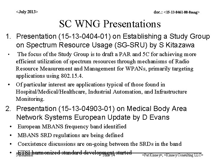 <July 2013> doc. : <15 -13 -0461 -00 -0 mag> SC WNG Presentations 1.