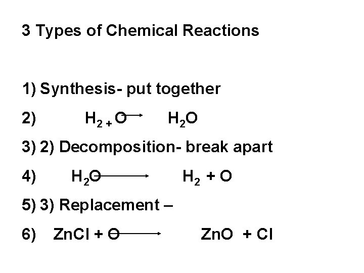 3 Types of Chemical Reactions 1) Synthesis- put together 2) H 2 + O