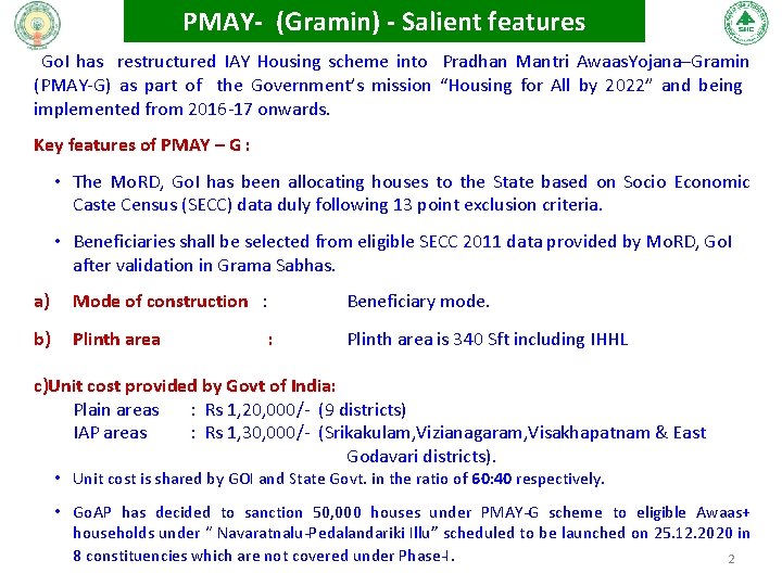 PMAY- (Gramin) - Salient features Go. I has restructured IAY Housing scheme into Pradhan PMAY- (Gramin) - Salient features Go. I has restructured IAY Housing scheme into Pradhan