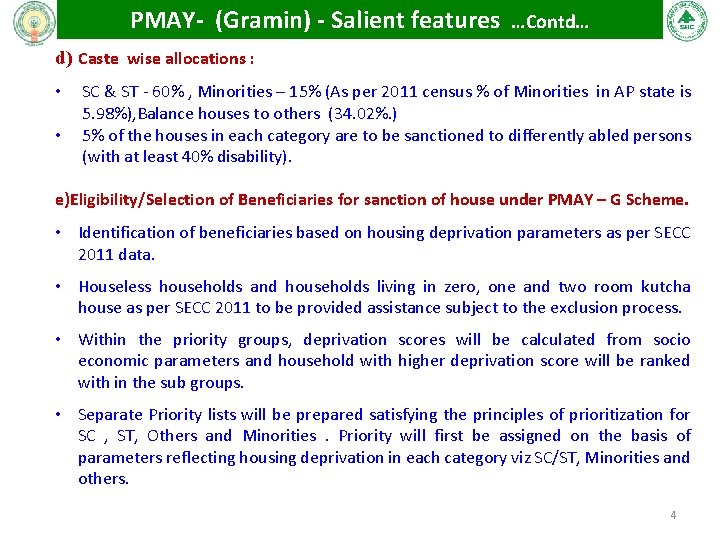 PMAY- (Gramin) - Salient features …Contd… d) Caste wise allocations : • • SC PMAY- (Gramin) - Salient features …Contd… d) Caste wise allocations : • • SC