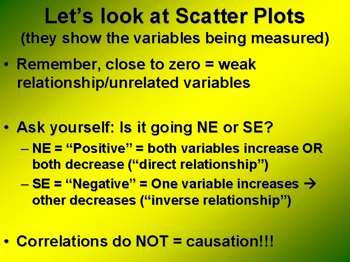 Let’s look at Scatter Plots (they show the variables being measured) • Remember, close