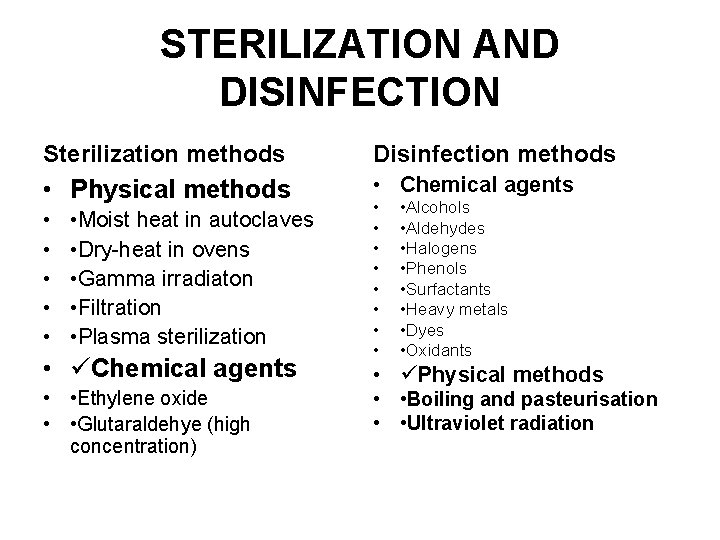 STERILIZATION AND DISINFECTION Sterilization methods Disinfection methods • Physical methods • Chemical agents •