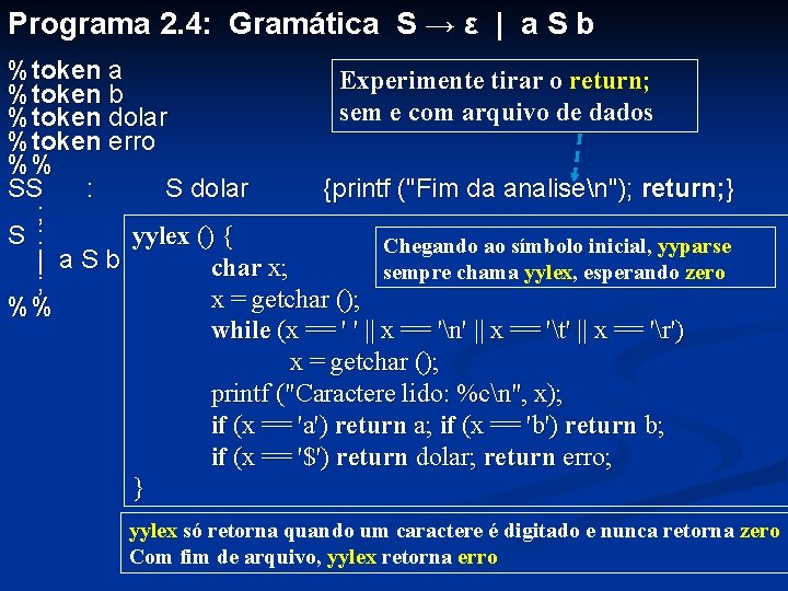 Programa 2. 4: Gramática S → ε | a S b %token a Experimente