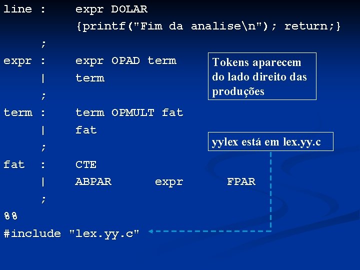 line : expr DOLAR {printf("Fim da analisen"); return; } ; expr : expr OPAD