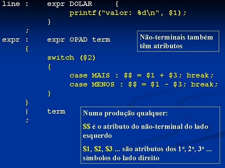 line : ; expr : { expr DOLAR { printf("valor: %dn", $1); } expr