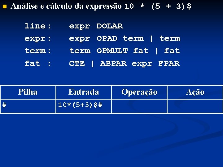 n Análise e cálculo da expressão 10 * (5 + 3)$ line : expr