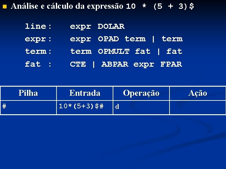 n Análise e cálculo da expressão 10 * (5 + 3)$ line : expr