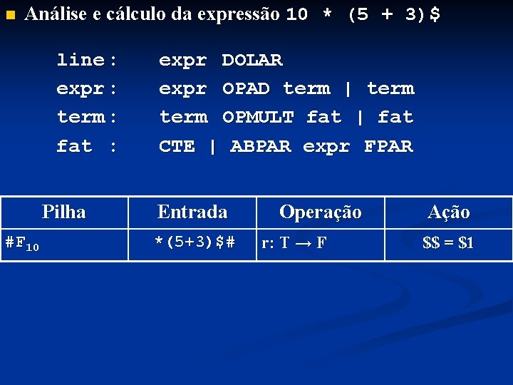 n Análise e cálculo da expressão 10 * (5 + 3)$ line : expr