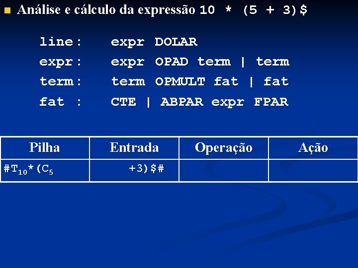 n Análise e cálculo da expressão 10 * (5 + 3)$ line : expr