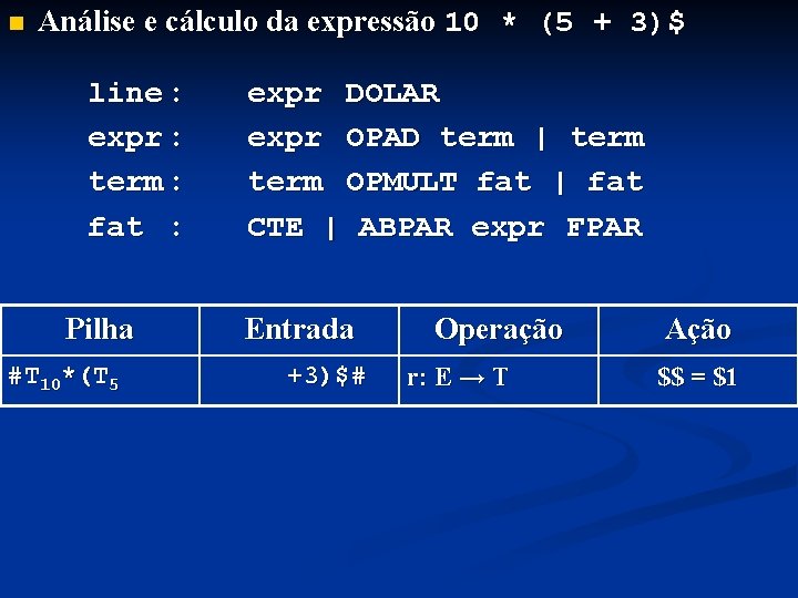 n Análise e cálculo da expressão 10 * (5 + 3)$ line : expr