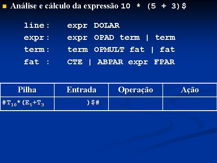 n Análise e cálculo da expressão 10 * (5 + 3)$ line : expr