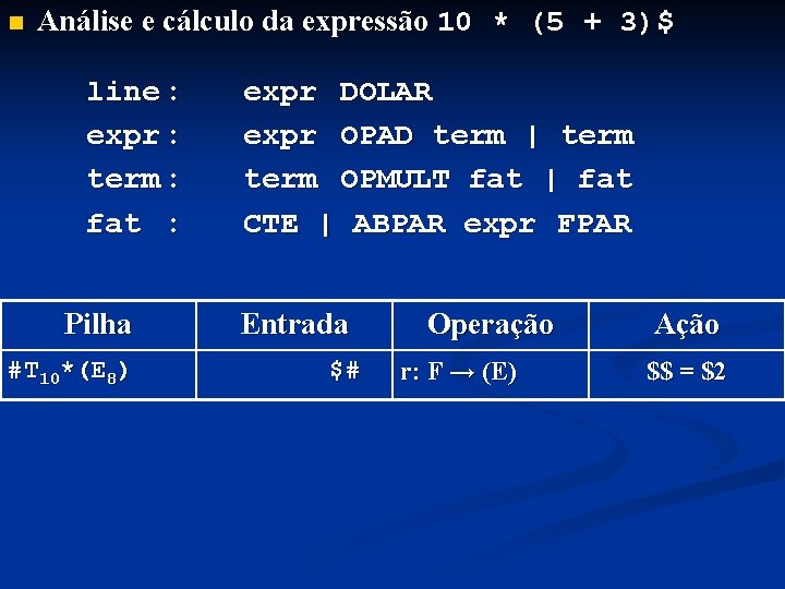 n Análise e cálculo da expressão 10 * (5 + 3)$ line : expr