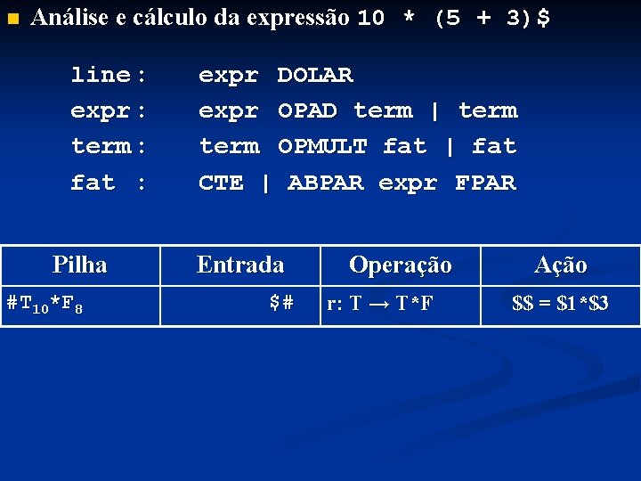 n Análise e cálculo da expressão 10 * (5 + 3)$ line : expr