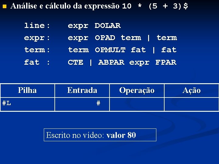 n Análise e cálculo da expressão 10 * (5 + 3)$ line : expr