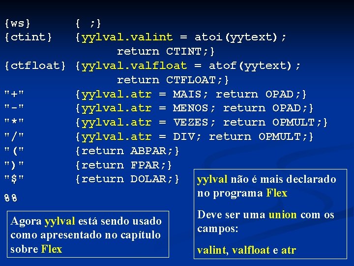 {ws} {ctint} { ; } {yylval. valint = atoi(yytext); return CTINT; } {ctfloat} {yylval.