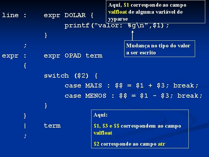 line : ; expr : { Aqui, $1 corresponde ao campo valfloat de alguma