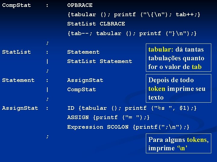 Comp. Stat : OPBRACE {tabular (); printf ("{n"); tab++; } Stat. List CLBRACE {tab--;