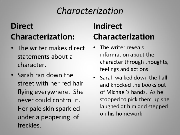 Characterization Direct Characterization: Indirect Characterization • The writer makes direct statements about a character.