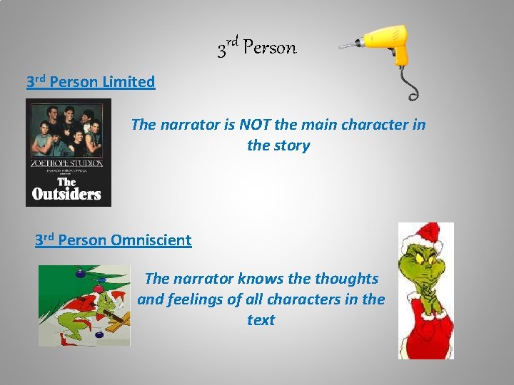 3 rd Person Limited The narrator is NOT the main character in the story