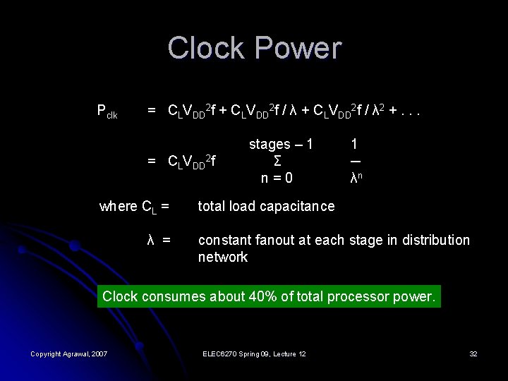 Clock Power Pclk = CLVDD 2 f + CLVDD 2 f / λ 2