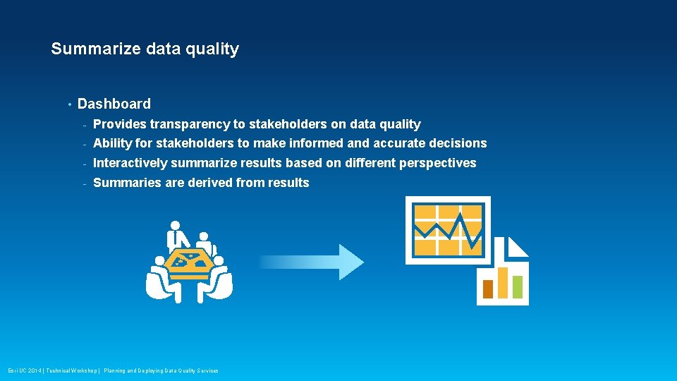 Summarize data quality • Dashboard - Provides transparency to stakeholders on data quality -