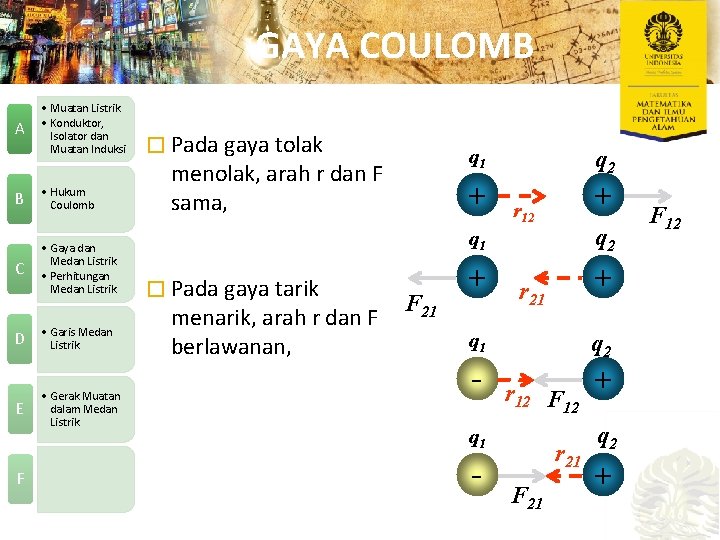 GAYA COULOMB A • Muatan Listrik • Konduktor, Isolator dan Muatan Induksi B •