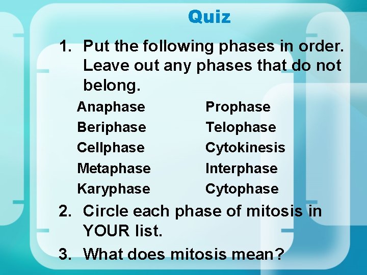 Quiz 1. Put the following phases in order. Leave out any phases that do
