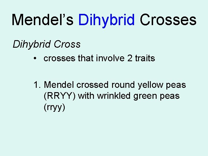 Mendel’s Dihybrid Crosses Dihybrid Cross • crosses that involve 2 traits 1. Mendel crossed