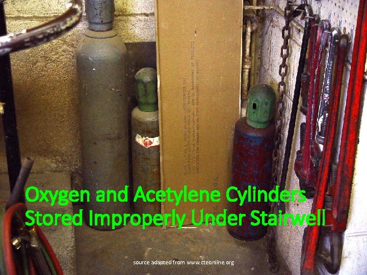 Oxygen and Acetylene Cylinders Stored Improperly Under Stairwell source adapted from www. cteonline. org