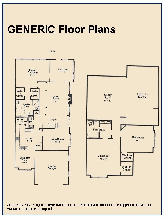 GENERIC Floor Plans Actual may vary. Subject to errors and omissions All sizes and