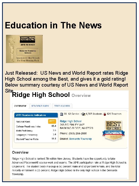 Education in The News Just Released: US News and World Report rates Ridge High