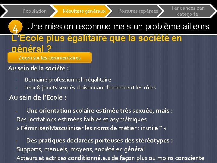 Population 4 Résultats généraux Postures repérées Tendances par catégorie Une mission reconnue mais un