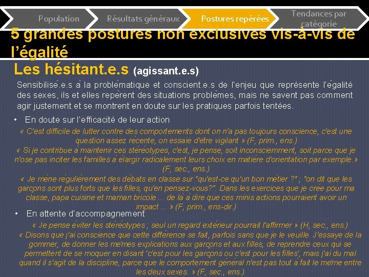 Population Résultats généraux Postures repérées Tendances par catégorie 5 grandes postures non exclusives vis-à-vis