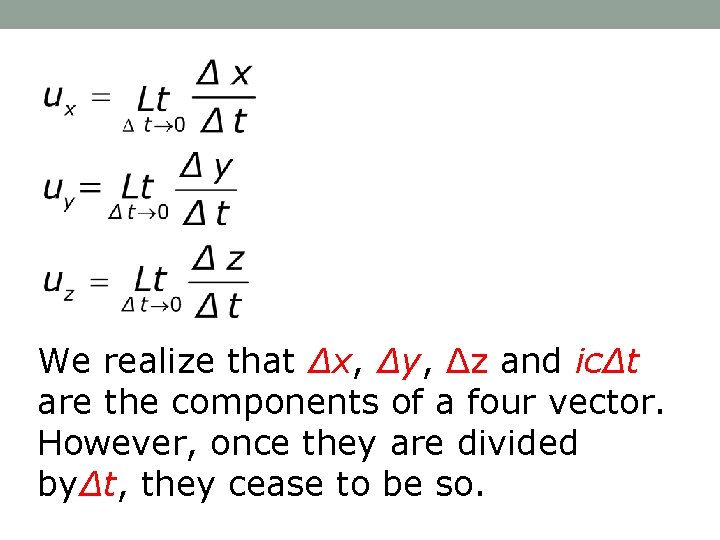 We realize that Δx, Δy, Δz and icΔt are the components of a four