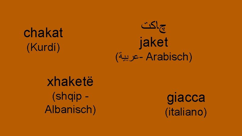 chakat (Kurdí) چﺎﻛﺖ jaket ( ﻋﺮﺑﻴﺔ - Arabisch) xhaketë (shqip Albanisch) giacca (italiano) 