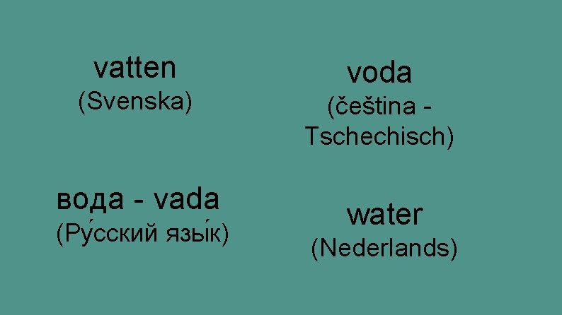 vatten (Svenska) вода - vada (Ру сский язы к) voda (čeština Tschechisch) water (Nederlands)