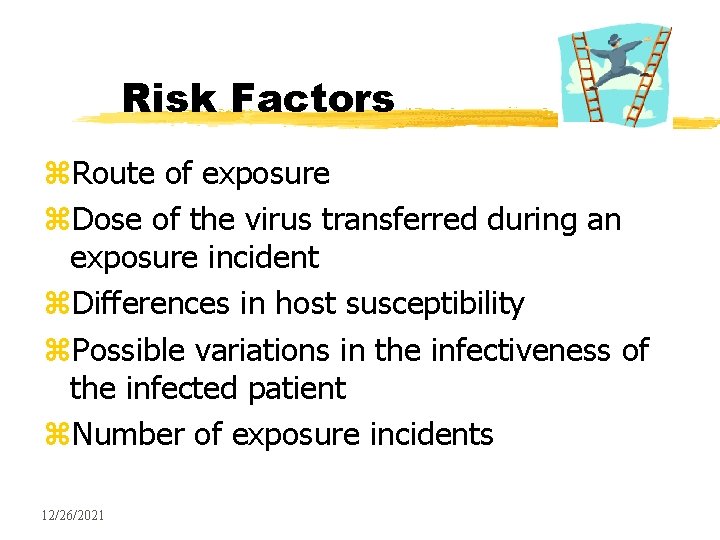 Risk Factors z. Route of exposure z. Dose of the virus transferred during an