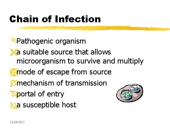 Chain of Infection ÊPathogenic organism Ëa suitable source that allows microorganism to survive and