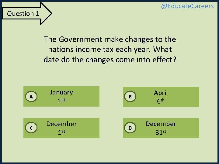 @Educate. Careers Question 1 The Government make changes to the nations income tax each