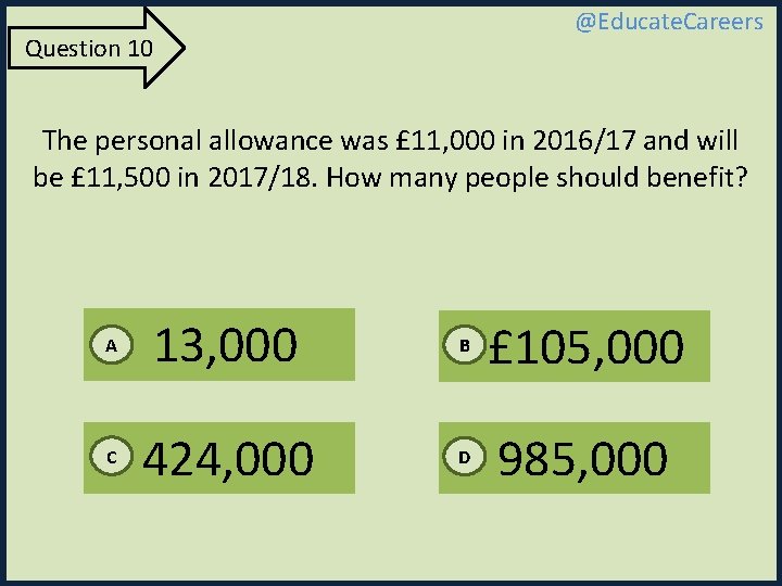 @Educate. Careers Question 10 The personal allowance was £ 11, 000 in 2016/17 and