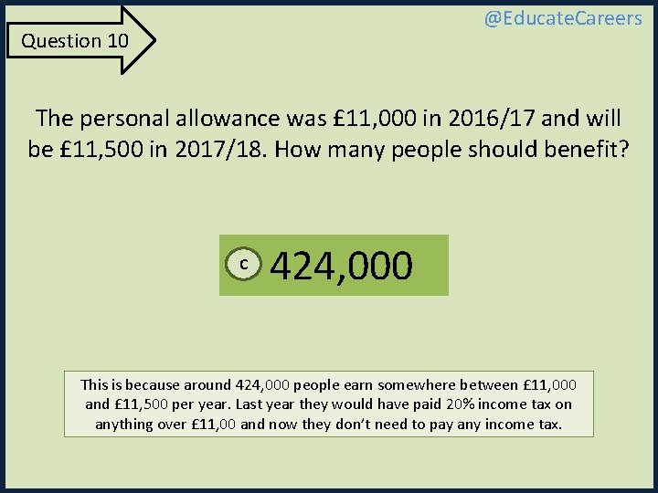 @Educate. Careers Question 10 The personal allowance was £ 11, 000 in 2016/17 and